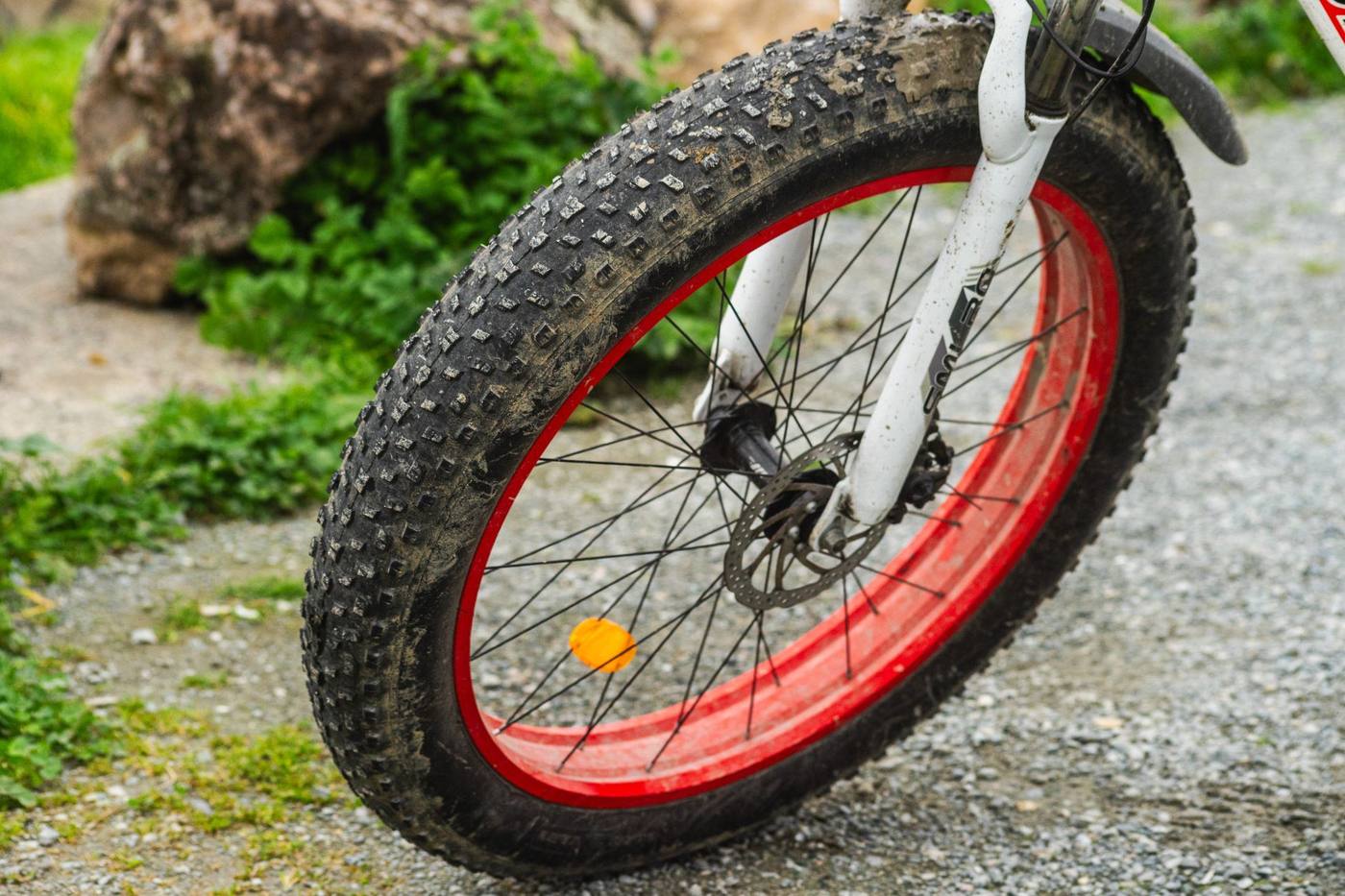 Close-up of a fatbike's wide tire