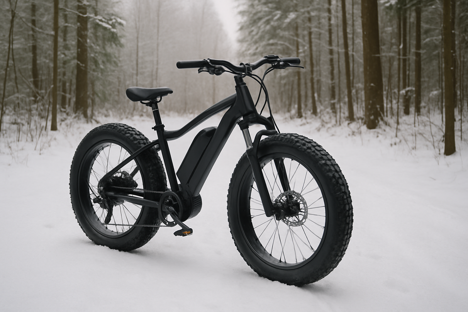 Generic electric fat tire bike on a snowy forest trail, illustrative image